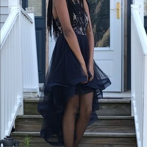 Tan and Navy Halter Top High Low Dress